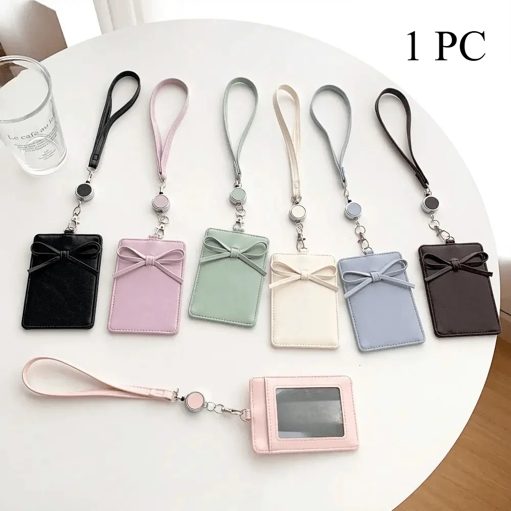 PU Leather Bow PU Leather Card Holder Bowknot Name Tag Work Card Cover Scalable Retractable Bus ID Holders Office