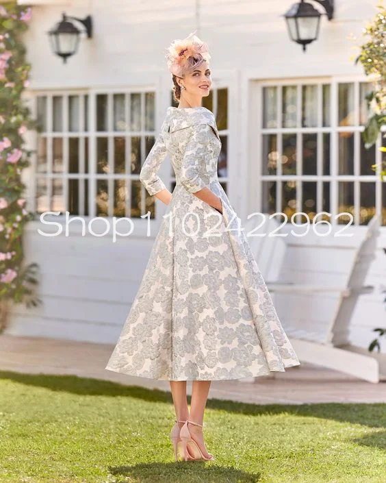 Tea-length Long Sleeve Mother of the Bride Dresses with Pocket Off Shoulder Puffy Skirt Lace Floral Godmother Wedding Guest Gown