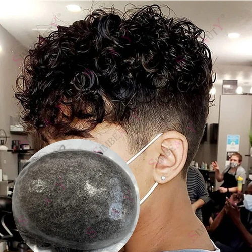 Imagen 1 del producto Línea de cabello natural rizada del tupé 25m m de los hombres de la base completa de la PU gestionable súper duradera # 1b Capilo de prótesis de cabello humano negro marrón gris