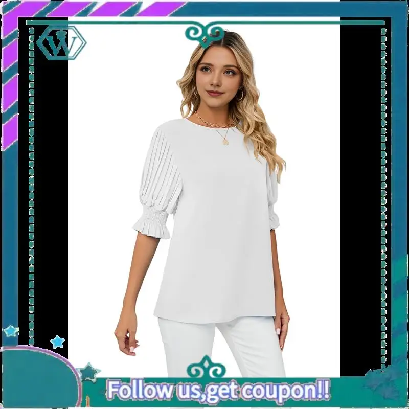 

A09P Blouses For Women Dressy Casual 1/2 Length Sleeve Womens Tops With Smocked Cuffs