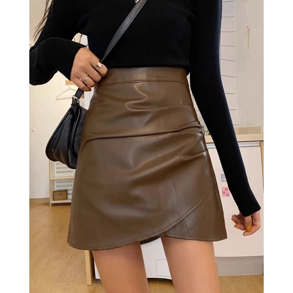 Summer Fashion Women Pu Leather Ruched Mini Skirt Set 2024 Summer Casual Femme High Waist A Line Skirt Korean Style Outfits