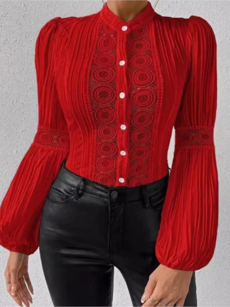 

Elegant Women's Shirt Spring Autumn Fashion Lace Spliced Lantern Long Sleeve Solid Blouses Slim Hollow Out Lady Office Blouses