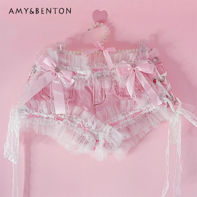 

Original Design Y2K Hot Girl Subculture Bowknot Women's Clothing Autumn New Sweet Cool Sexy Rhinestone Lace Pink Shorts Ladies