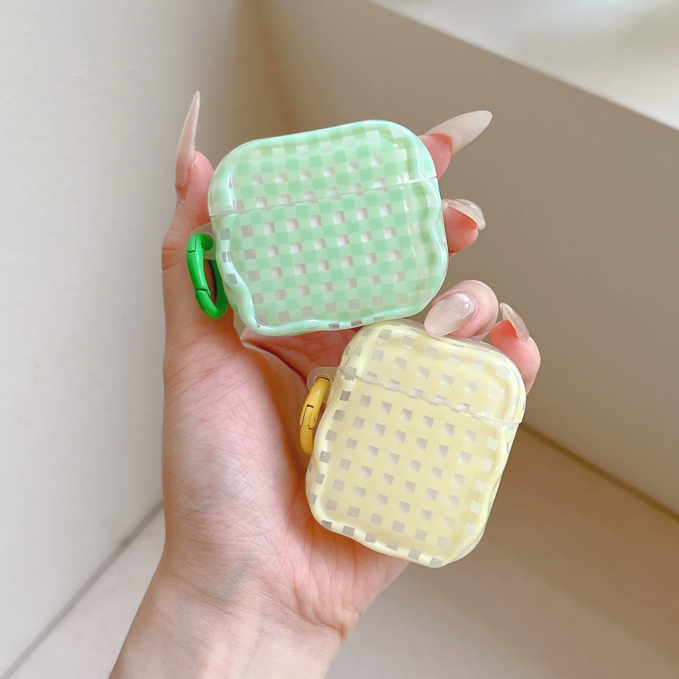 Macaron Green Pink Blue Yellow Plaid Transparent Hollow Out Glossy Surface Earphone Cover Case For AirPods 2 3 4 5 Pro Pro2 Pro3