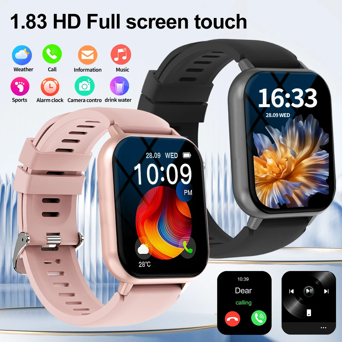 Smart watch, wireless calls/wireless music,message reminders,custom watch face wallpaper, suitable for Android and iPhone phones