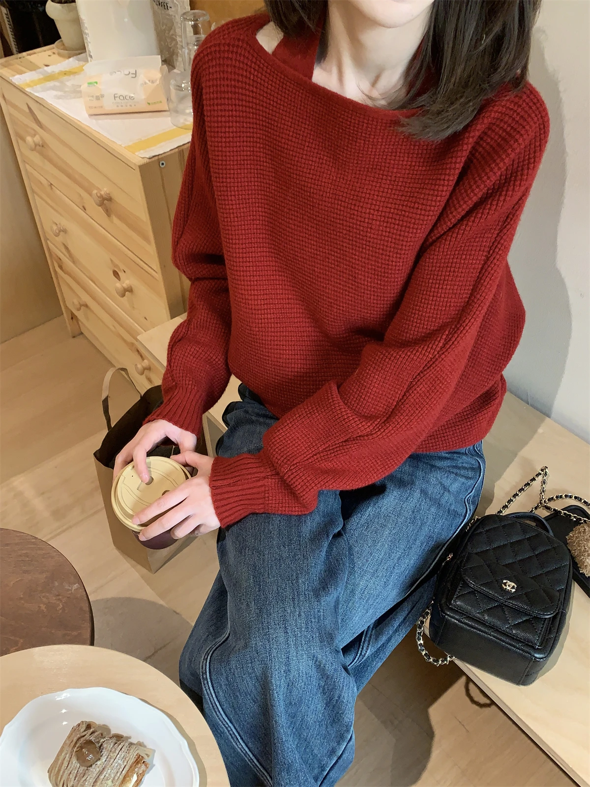 

FUGUI RICH Red Knitted Sweater Set Women's Winter Faion Versatile Overhead Top And Bot Warm Casual Straight Cut Sle