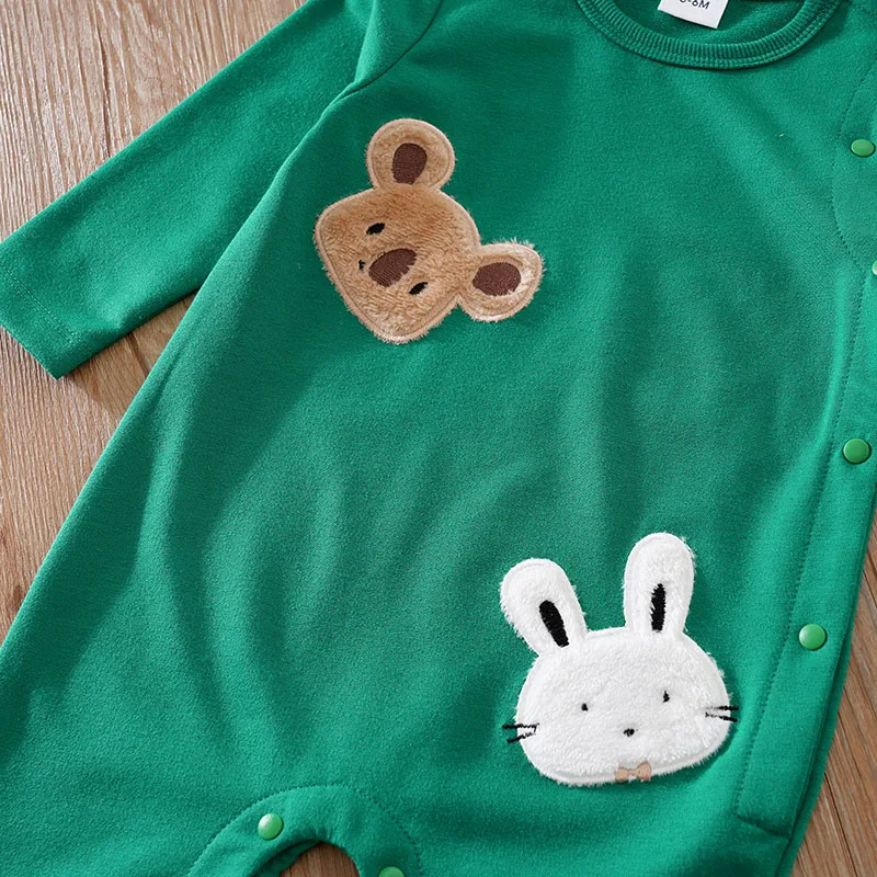 Spring And Autumn Style Boys And Girls Cute Cartoon Kaola And Rabbit Short Plush Embroidery Long Sleeve Baby Wrap Foot Bodysuit