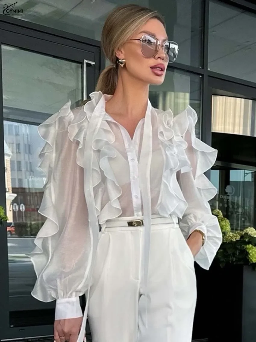 

Fmxires Sexy Loose White Women's Shirt 2025 Fashion Ruffle Collar Long Sleeve Shirts Elegant See Through Top Female Clothing
