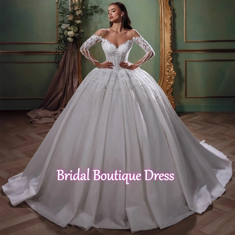 Vestido de novia personalizado con apliques exquisitos, vestido de novia de manga larga, bordado de cuentas de lujo, cuello redondo, princesa nupcial, 2026
