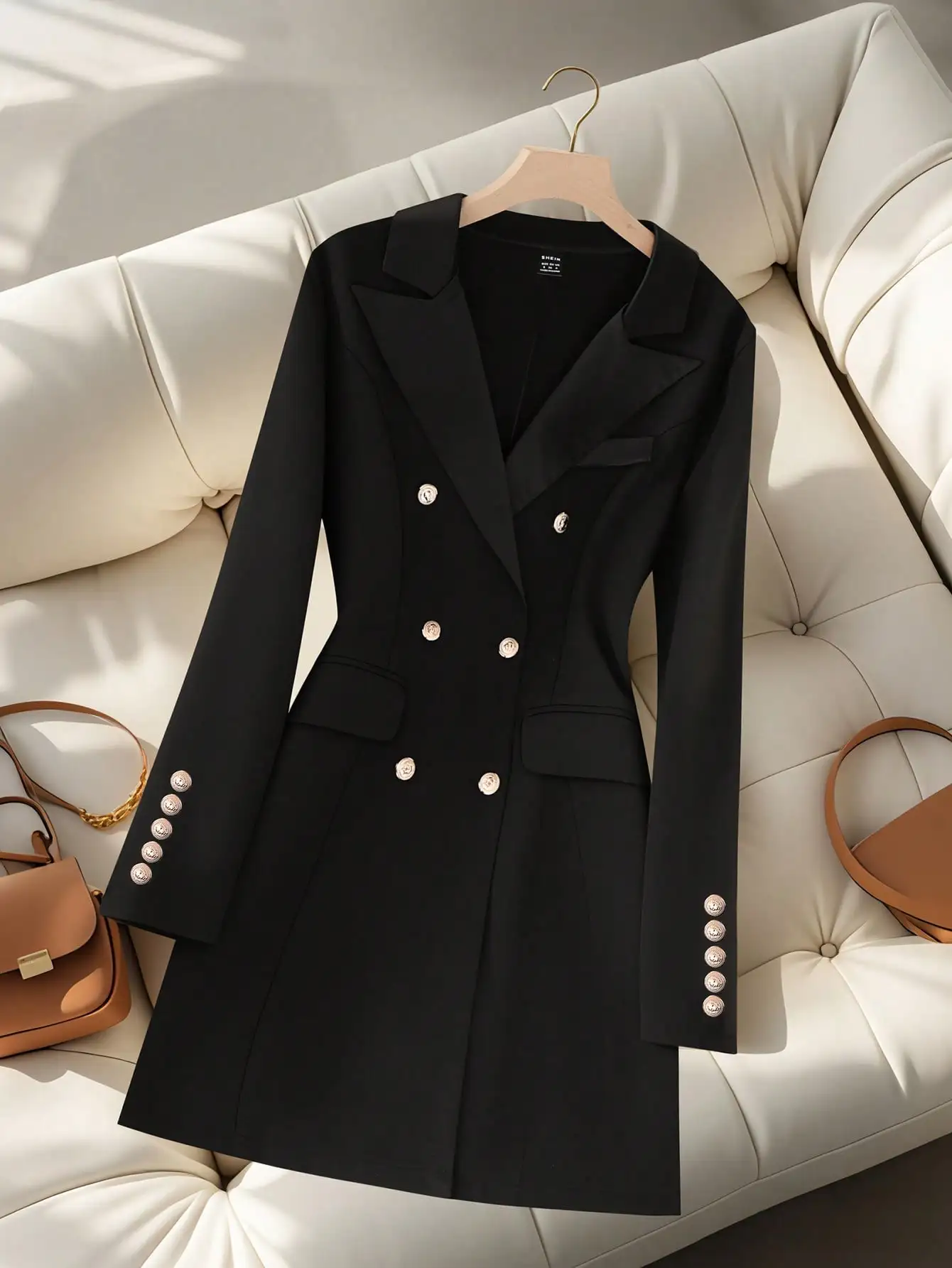 

Women's Black Double-Breasted Midi Jacket with Gold Buttons and Notched Lapel