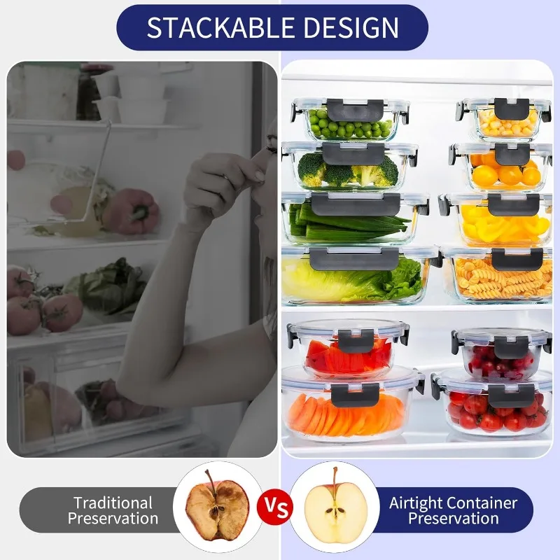 Paquete de 12 contenedores de almacenamiento de vidrio con tapas, juego de contenedores de preparación de comida de vidrio, contenedores de almuerzo de vidrio herméticos con tapas, microondas