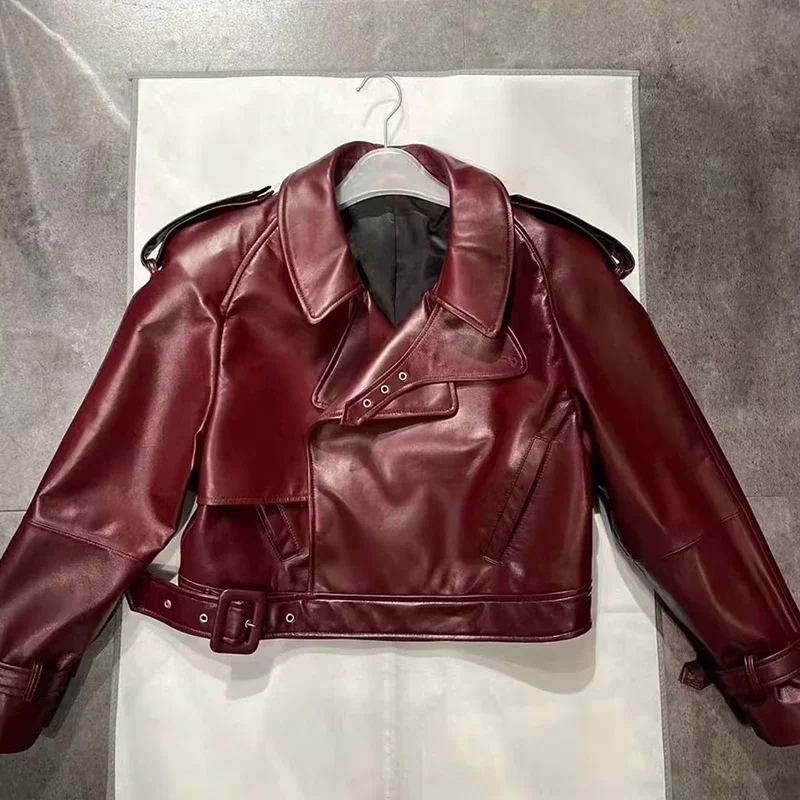 Lady Fashion Streetwear Leather Jacket New Autumn Winter Moto Biker Jacket Sheepskin Coat Women GT5916