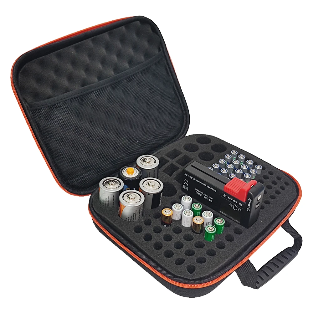 Bolsa de Armazenamento de Baterias com Testador, Estojo de Ferramentas EVA, Bolsas com Zíper, Recipientes Impermeáveis, Caixa de Viagem para Pilhas AA AAA 9V C
