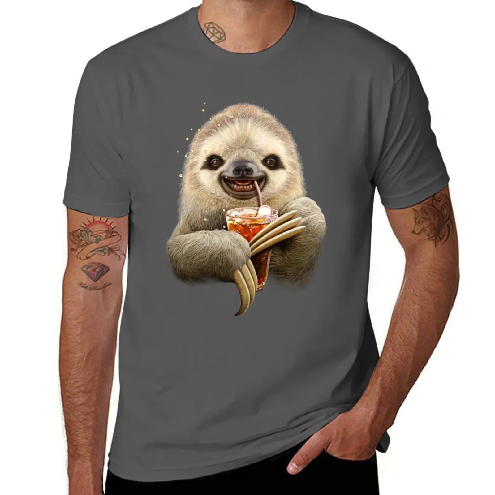 SLOTH & SOFT DRINK T-Shirt Big Size Crew Neck T-Shirt