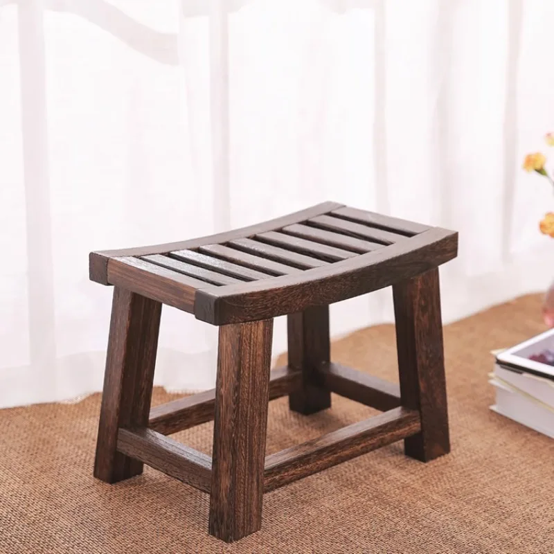 Traditional Solid Wood Stool Handcrafted Low Seat Ottoman for Entryway Vintage Saddle Shoe Bench Compact Living Room Footstool