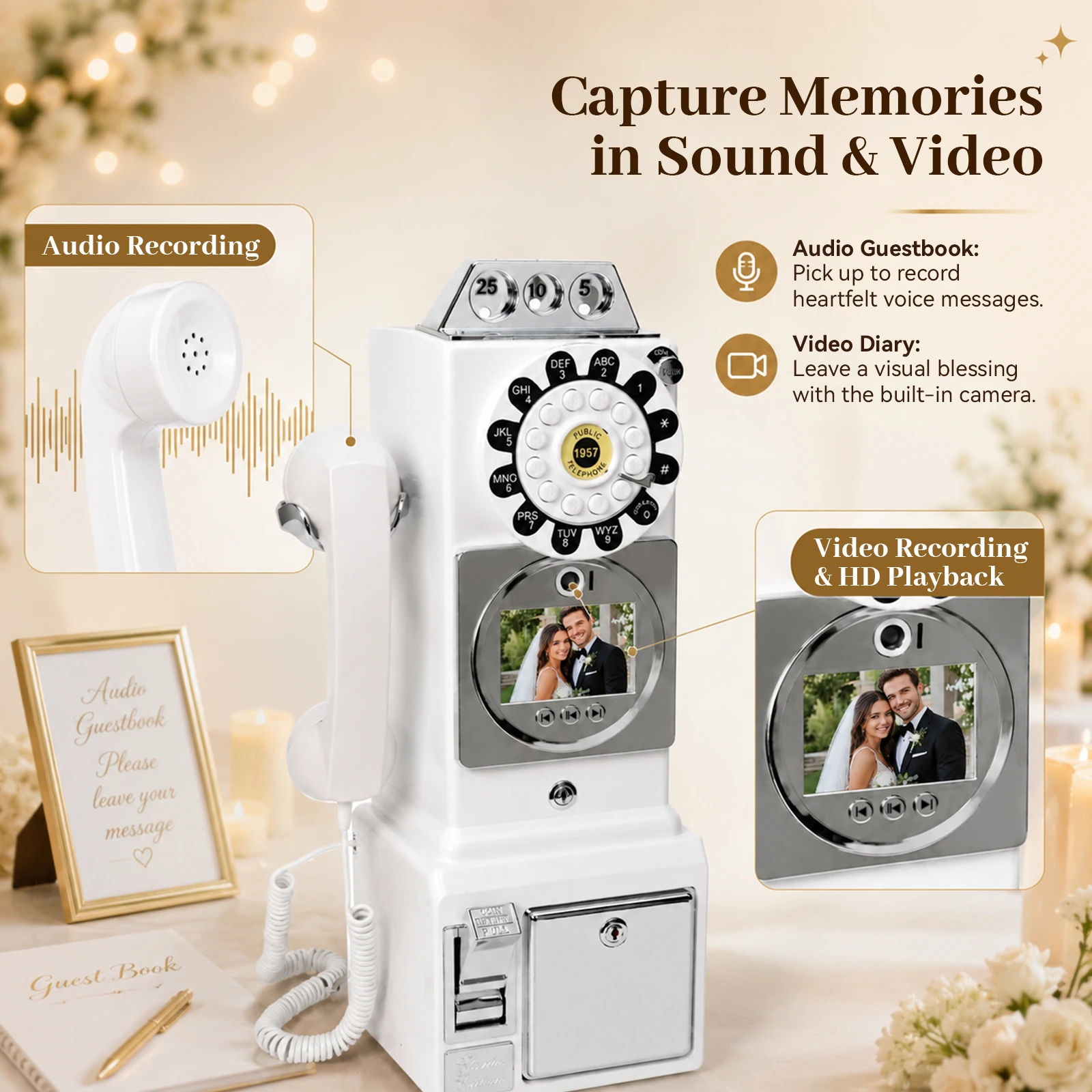 Audio Wedding Guest Book Telephone for Receptions Record Voice Blessings and Messages from Guests with 32GB Storage Retro Phone
