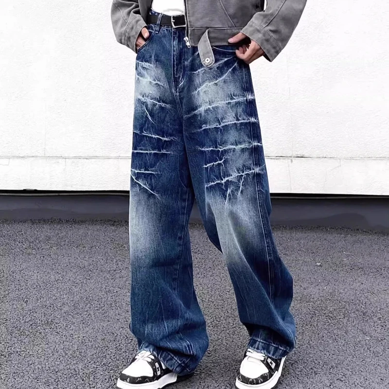 

Lightning Pattern Jeans Men's Trendy Loose Wide-leg Straight Trousers Top 2000 Y2k Clothes Mens Jeans for Man Kawaii Pants Jorts