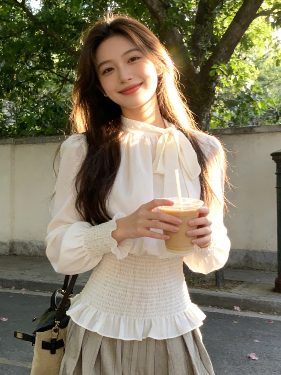 

White Elastic Waist Shirt Women's Spring 2026 New Style Long Sleeve Bow Tie Design Slimming Effect Cotton Polyester Blend