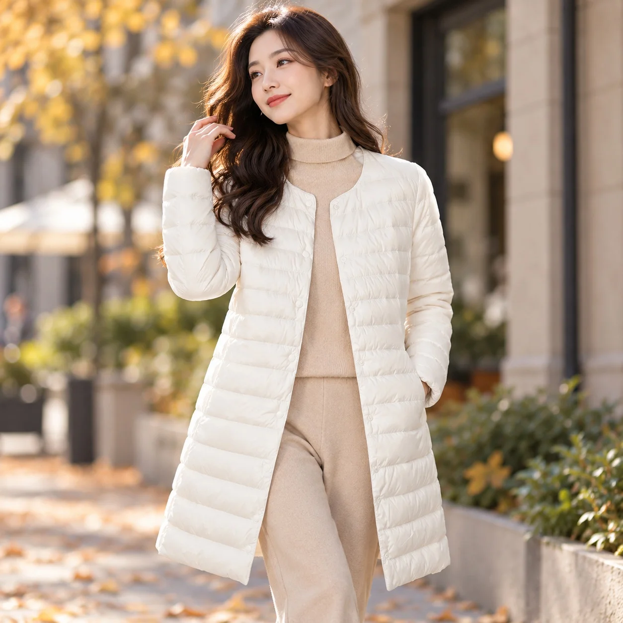 Pocket Hoodless Coat Slim Fit Korean Style Mid Long Length with Two Way Collar Warmth Retention Casual Women Winter Coat