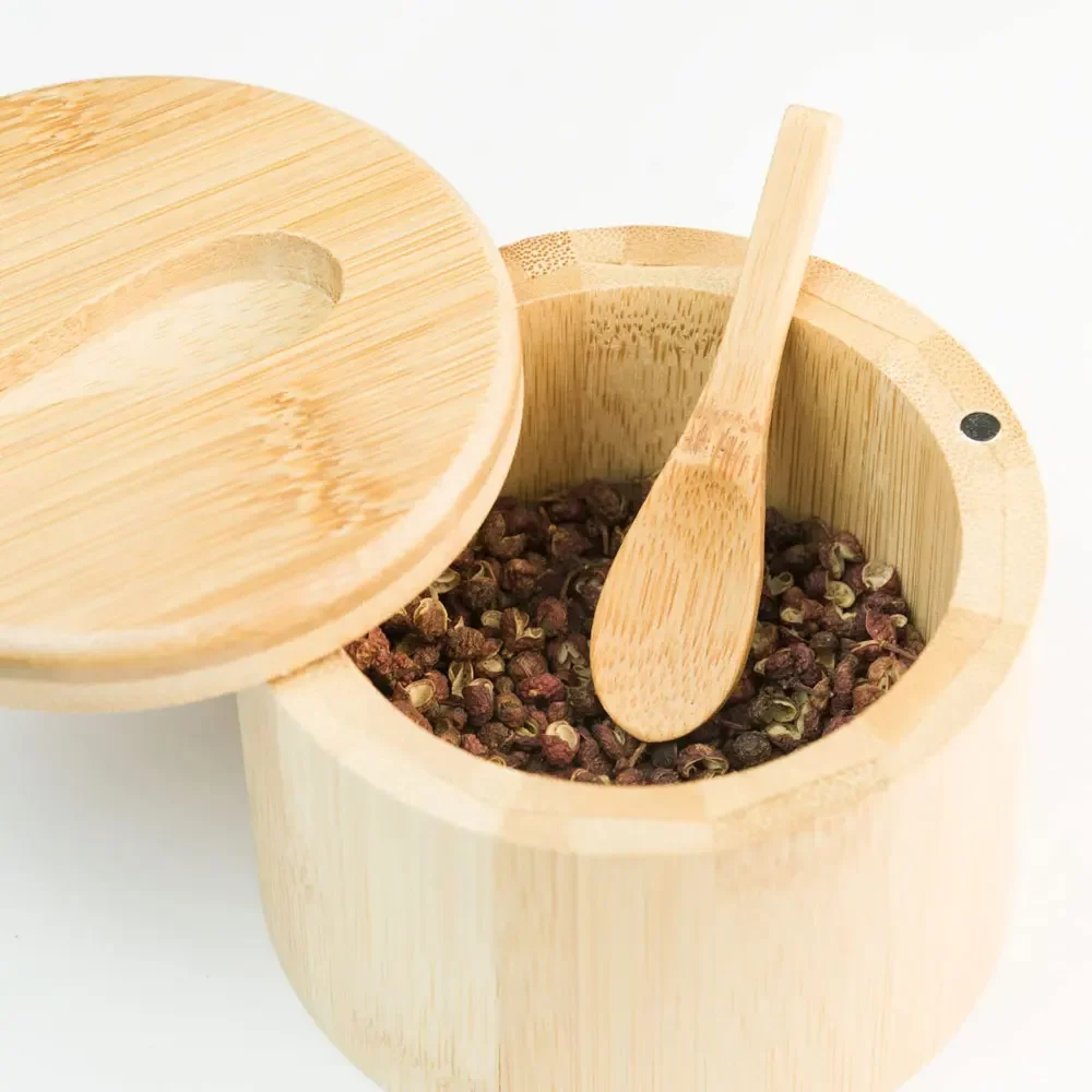 Bamboo Salt Container Spoon Seasoning Jar With Swivel Magnetic Closure Lid to Keep Dry To Storage Pepper Cellar Spice  Holder