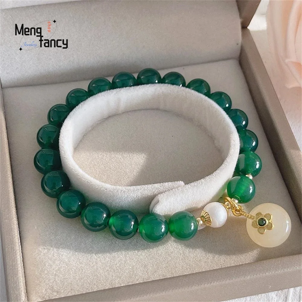 

New Antique Natural Green Agate Bracelet Simple Pearl Beaded String Retro Hanfu With Student Hand Accessories Fashion Jewelry