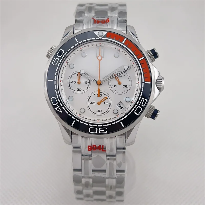 

41mm men's white and black quartz watch VK63 automatic movement sapphire glass unidirectional rotating stainless steel bracelet