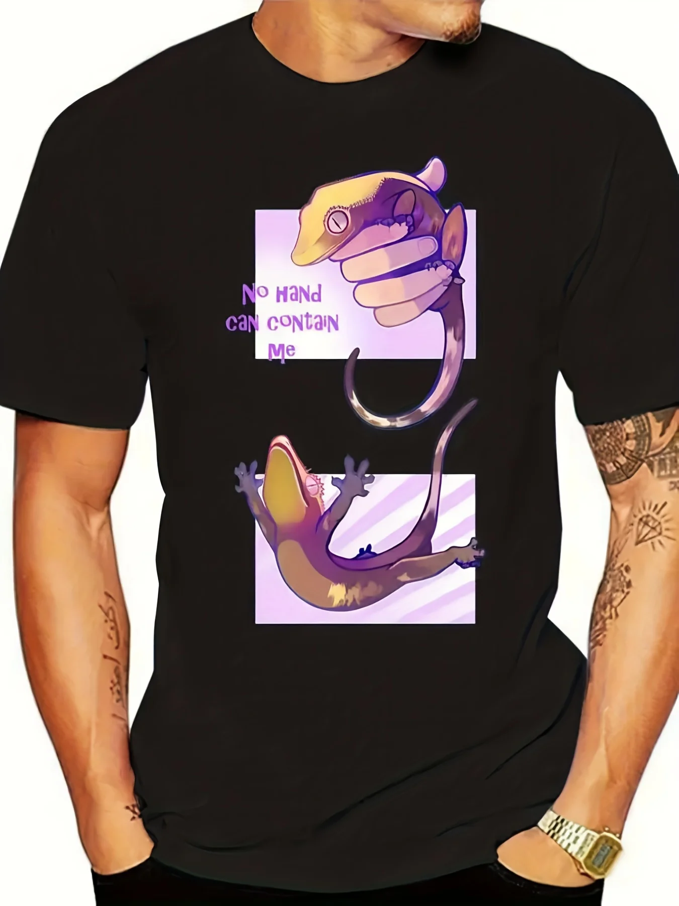 No Hands To Hold Me Crested Gecko T-Shirt - Black Climbing Pet Lover T-Shirt with Purple Lizard and Crested Gecko Pattern, Soft Neutral Casual Street Style, Unisex, All Seasons, Cute Climbing Pet Main Gift, Pet Lover's Choice