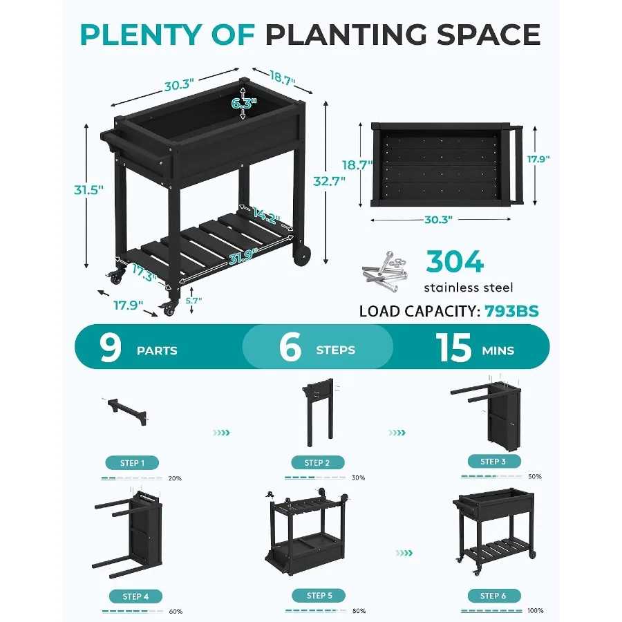 Raised Garden Bed on Wheels with Storage Shelf Set of 2: outdoor use, galvanized steel, black, mobile and space-saving design
