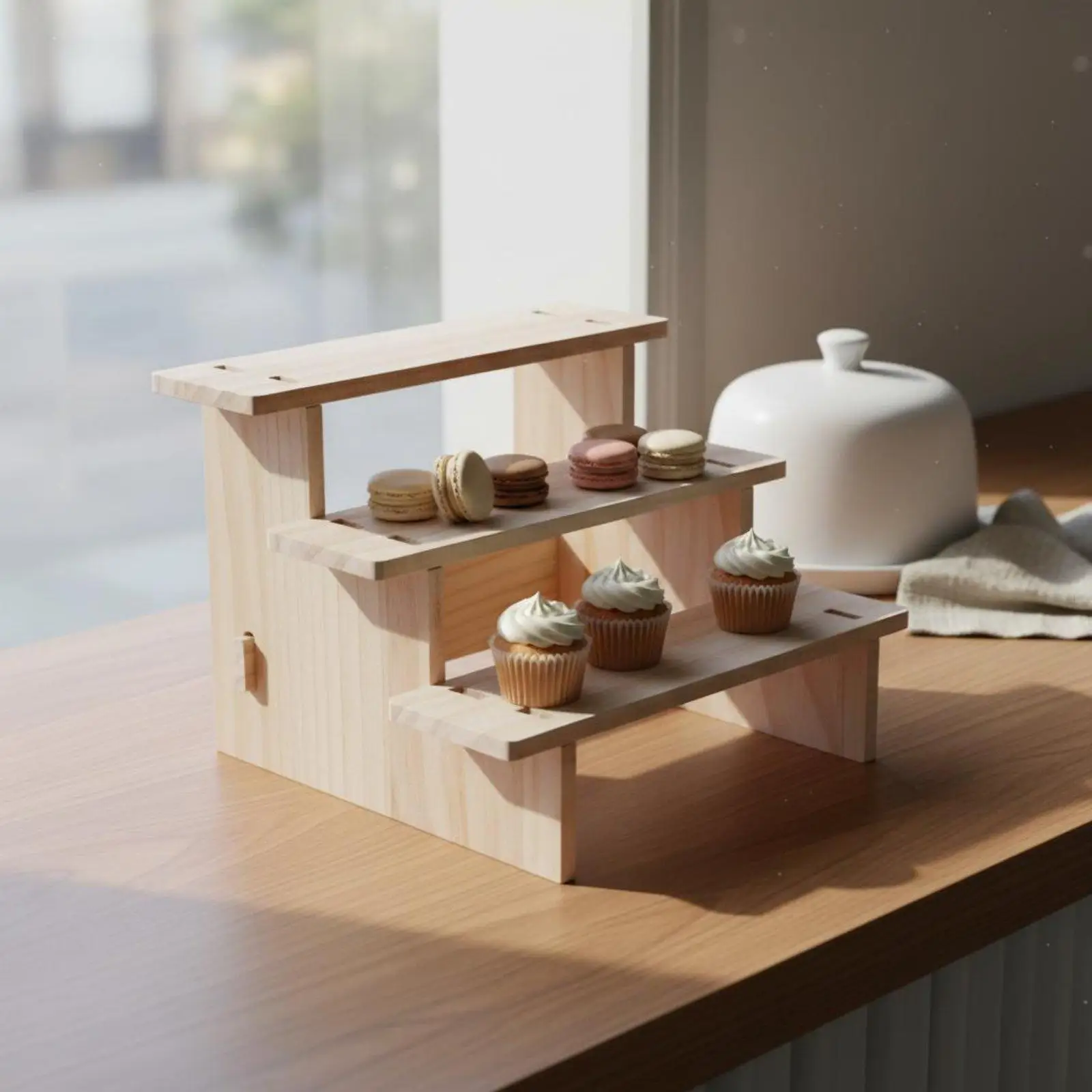 Three Tier Wooden Display Shelf Organizer Stand Wood Grain Shelf Display Stand for Room Decor Accessories and Collectibles
