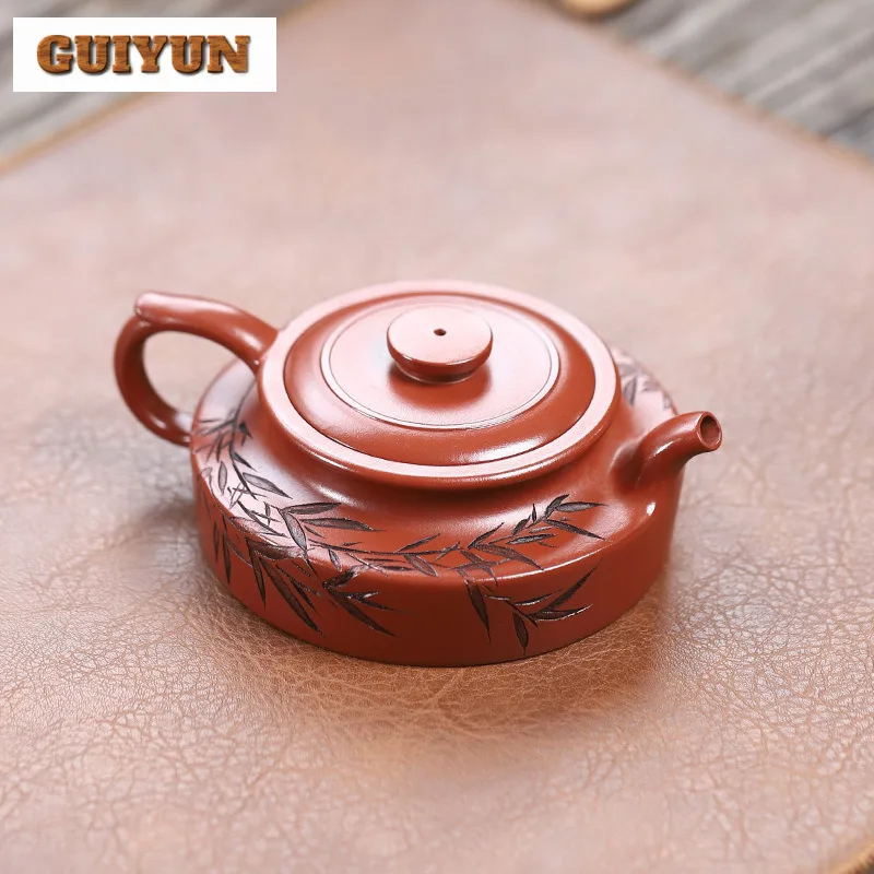 160ml Yixing Purple Clay Teapots Handmade Hua Ting Bamboo Leaf Pot Raw Ore Red Dragon Mud Tea Brewing Kettle Zisha Tea Set Craft