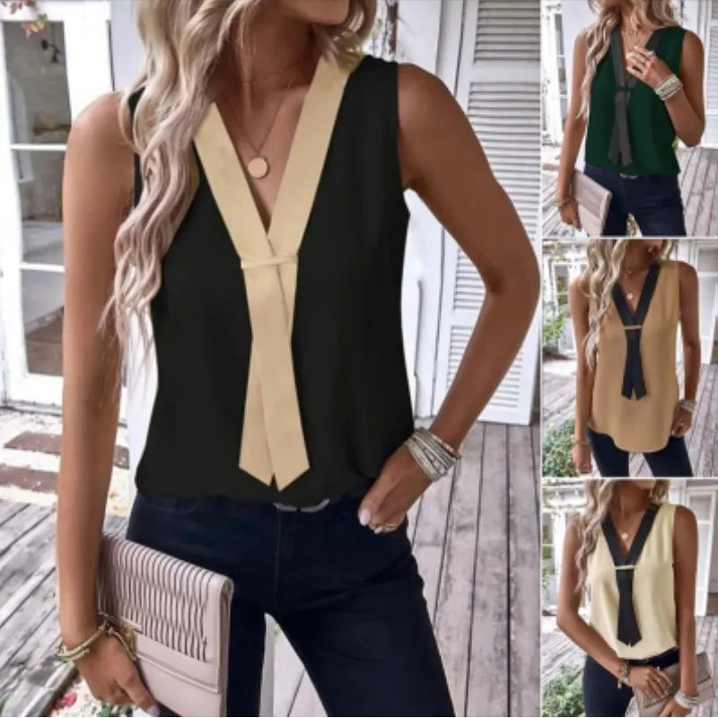 Elegant Women\'s Blouse Tees 2023 Summer Fashionable Style V-Neck Panel Sleeveless Top Lady Shirt S-XXXL