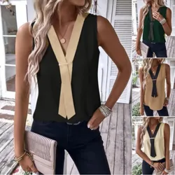 Elegant Women's Blouse Tees 2023 Summer Fashionable Style V-Neck Panel Sleeveless Top Lady Shirt S-XXXL