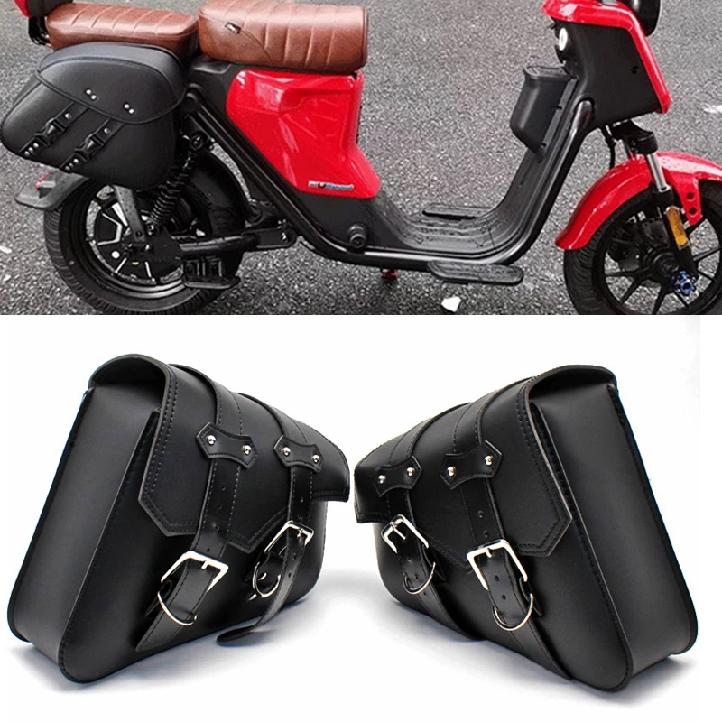 Motorcycle Universal Black PU Leather Saddlebags Side Bag Luggage For Sportster XL 883 1200 Honda Yamaha Bobber Custom