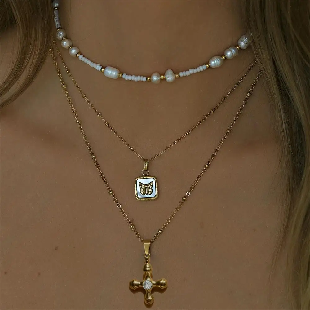 Delicado grosso cruz pingente colar para mulheres de aço inoxidável espumante cristal redondo grânulo corrente gargantilha moda jóias 2025