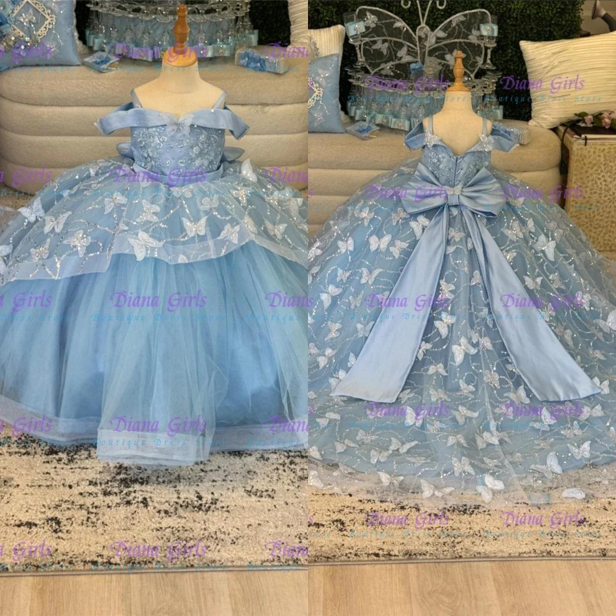 

Quality Blue Tulle Fluffy Flower Girl Dress Lovely Butterfly Applique for Wedding Kids Birthday Party Evening Ball Gowns