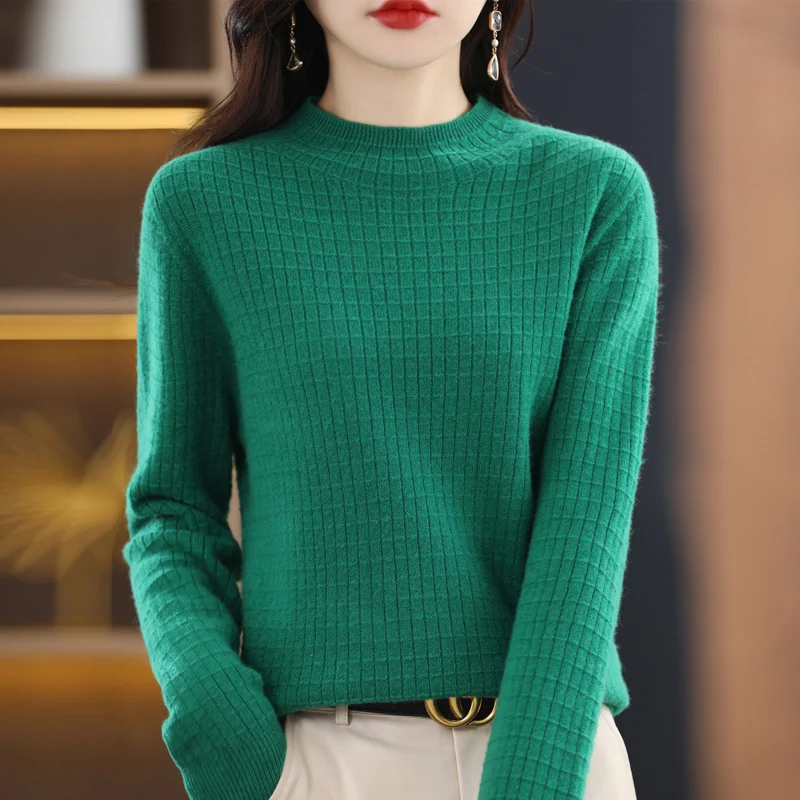 Women New 100% Merino Wool Sweater Autumn Winter Fashion Tops O-Neck Waffle Pullover Square Grid Long Sleeve Jumper Knitwear