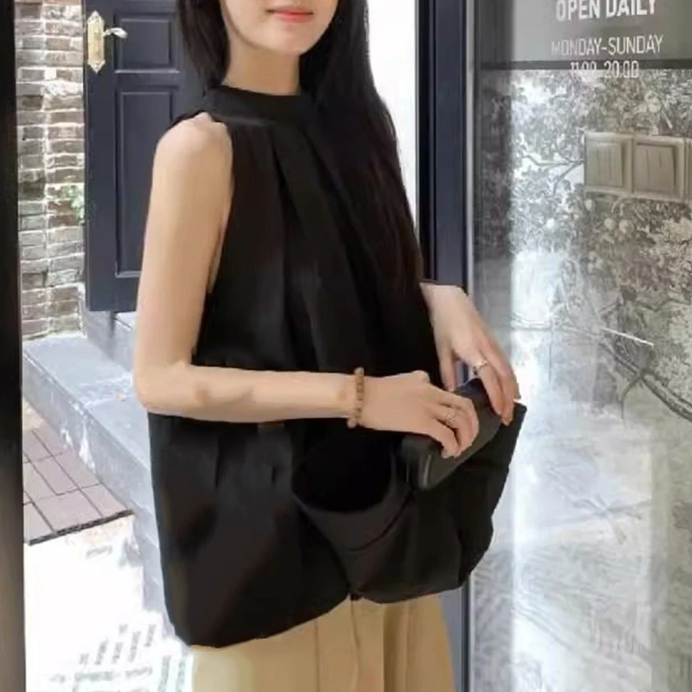 Chemisier noir sans manches, col licou, chemise à motif solide, vêtements printemps été automne, col rond, taille unique, convient à la plupart