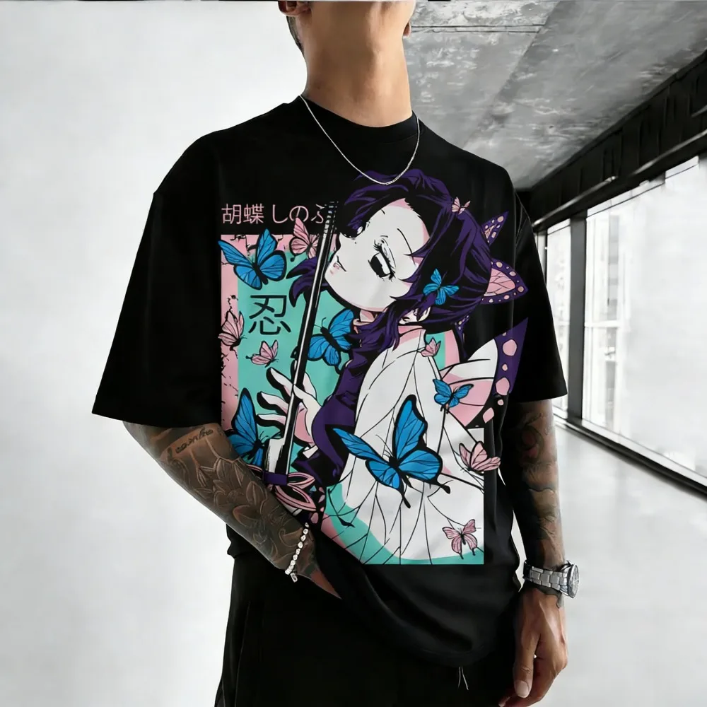 Unisex Pure Cotton T-shirt Demon Slayer Kochou Shinobu Harajuku Anime Print 2026 Summer Plus Size Loose Family Short Sleeved Top