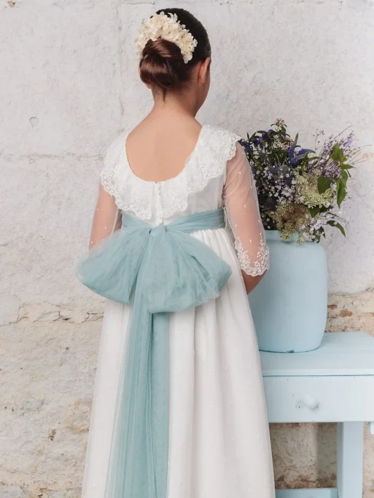 فساتين فتاة الزهور مزينة بالدانتيل الأبيض مع شريط فيونكة نصف كم لحفلات الزفاف وأعياد الميلاد وحفلات الأميرة