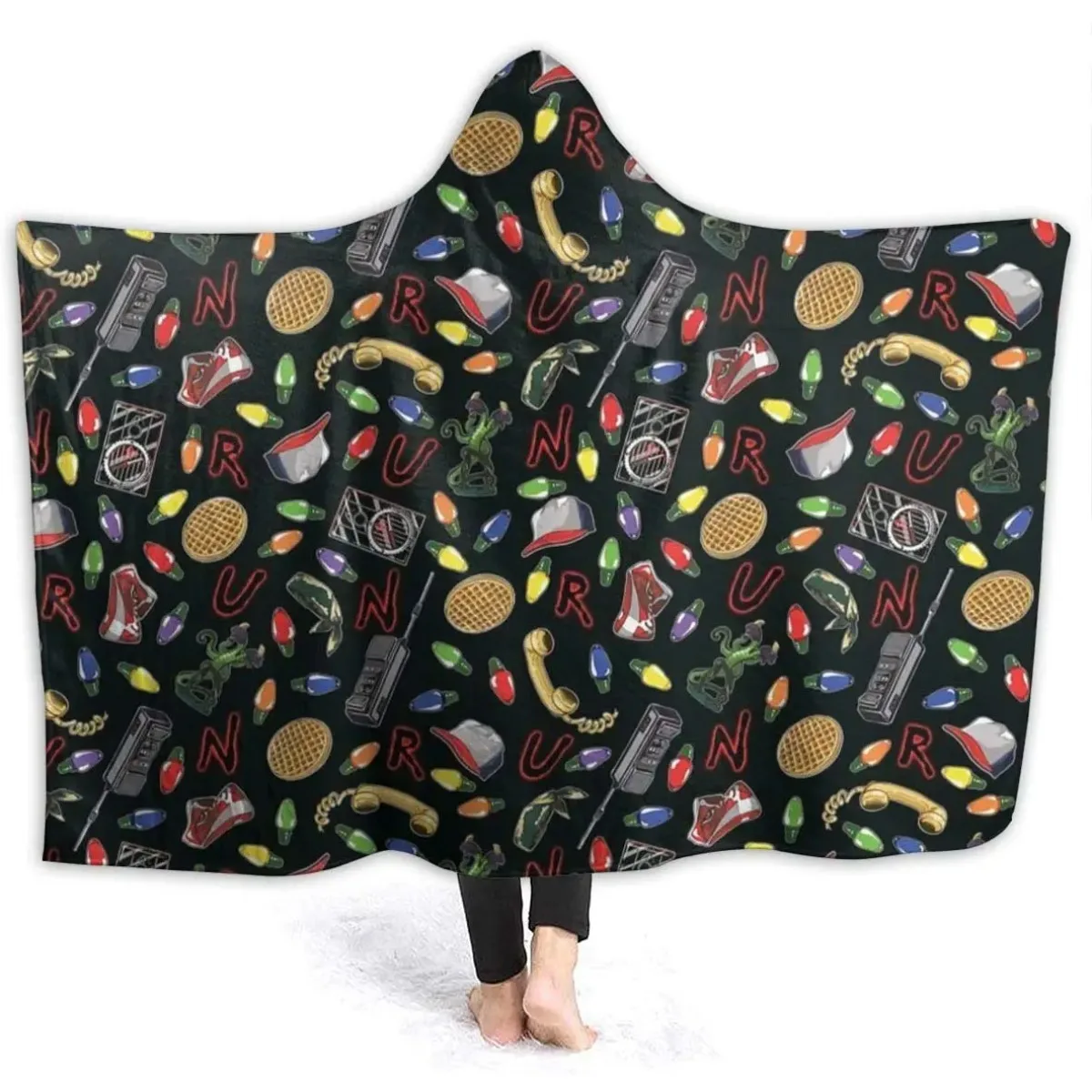 Stranger Things Black Hooded Blanket Anti-Pilling Flannel Wearable Blanket Hoodie Plush Warm Throw Blankets Fit for Kids Adults