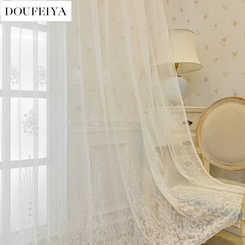 Custom Size European Style Bottom Edge Embroidered Bead Hollow White Lace Luxury Curtains for Living Room Bedroom Dining Tulle
