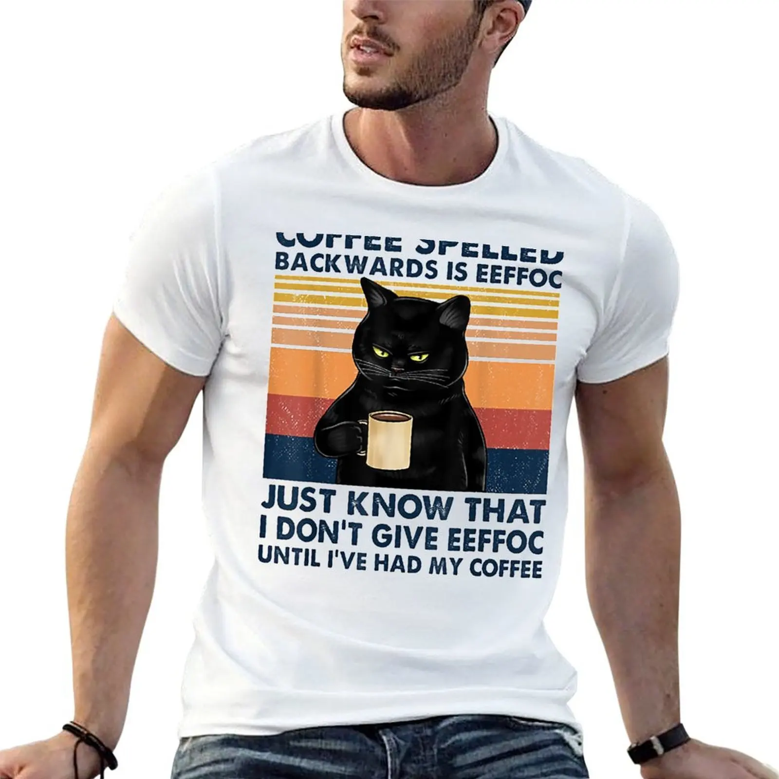 Coffee Spelled Backwards Is Eeffoc Cat Drinking Vintage T-Shirt Man t-shirt vintage clothes mens cotton t shirts