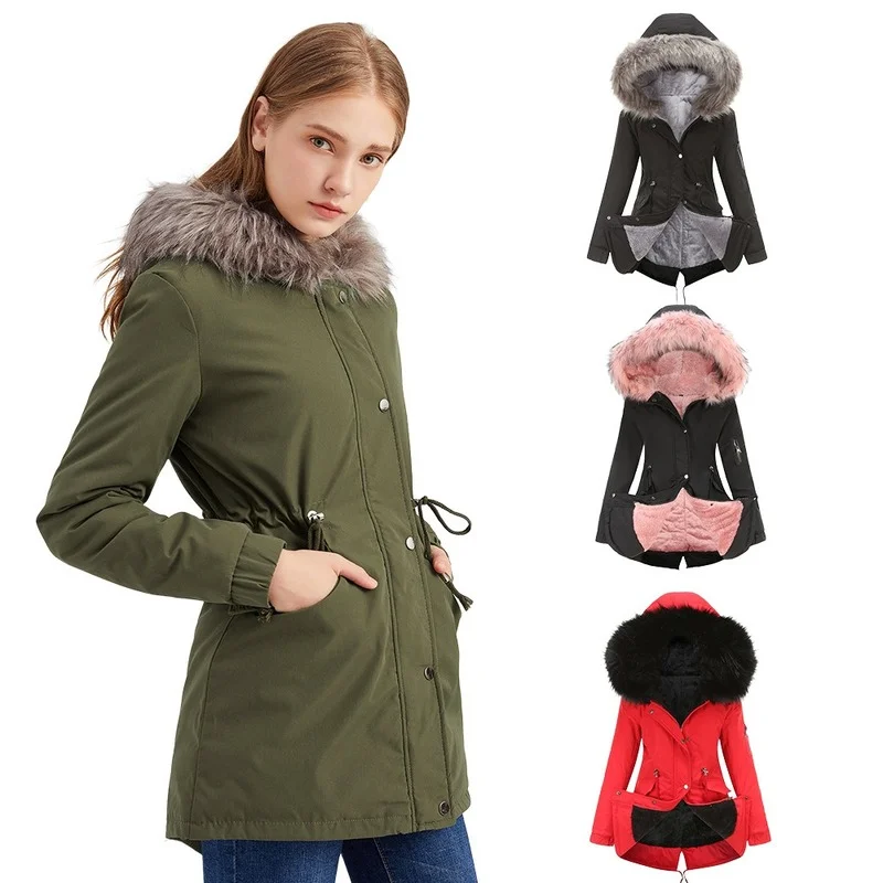 

Coat Cotton Coat Women's Ouma Parker Mid-length Hooded Winter Warmth Plus Fleece Coat Plus Cotton Padded Coat