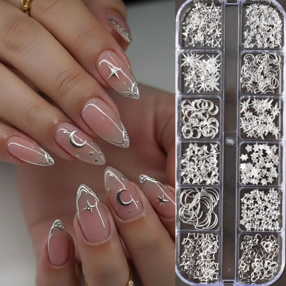 

12Grids Mixed 3D Silver Star Moon Metallic Nail Rivet Studs Y2K Shiny Starlight Cross Heart Nail Art Charms Manicure Metal Rivet