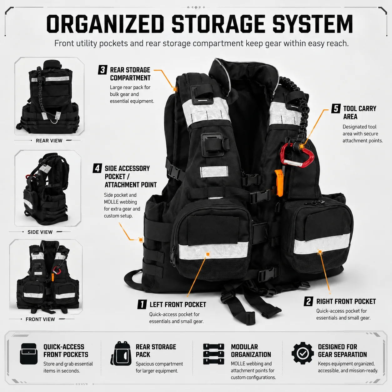 MT Outdoor Reflective Work Vest Modular Storage Vest with Tool Attachment Points Rear Compartment Front Pouches for Water Patrol