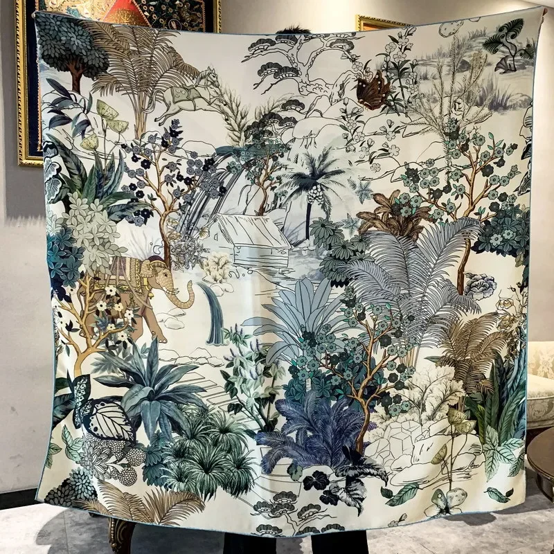 High-end Elegant Women Exquisite Garden of Eden Double Sided Printed Quality Silk Wool Hand-rolled Edge Large Square Scarf Shawl