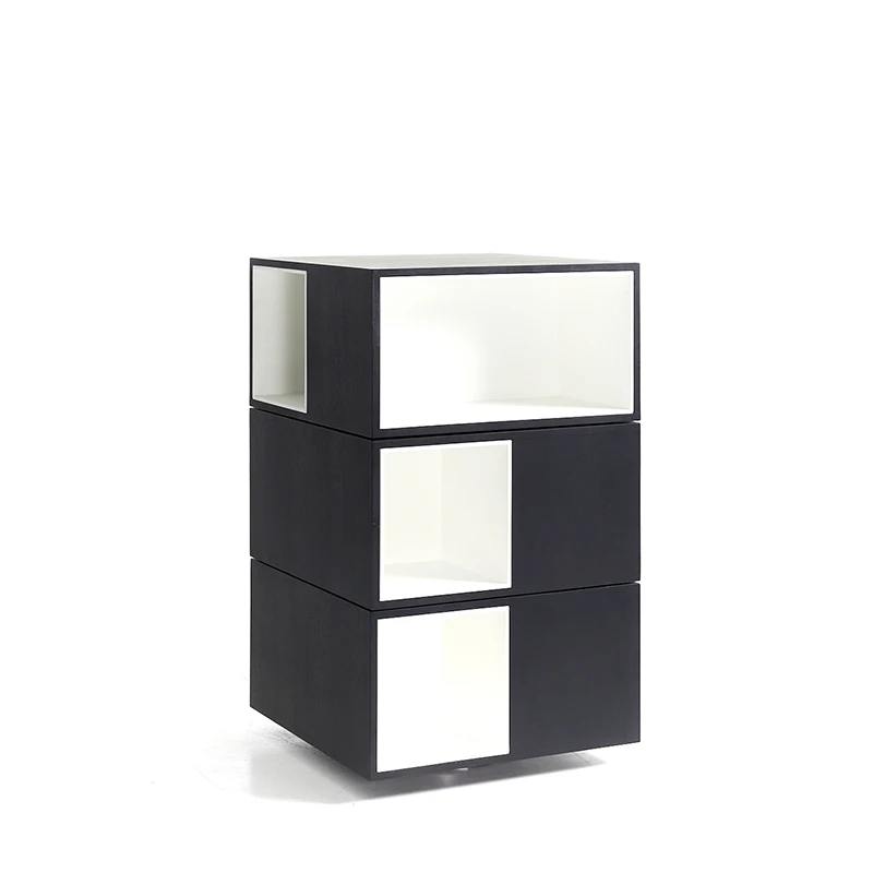 Three-tier rotating cabinet, black-and-white rotating storage cabinet, creative geometric bedside cabinet