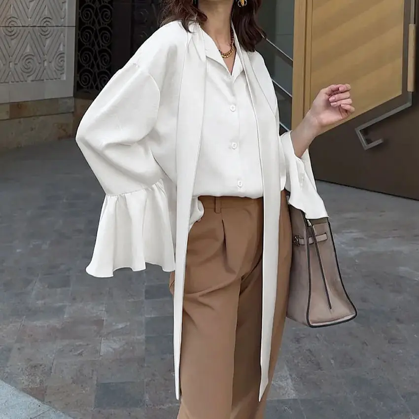 Lazy and High-end Satin Ribbon Collar Women's Shirt 2025 Summer New Solid Color Ruffled Top