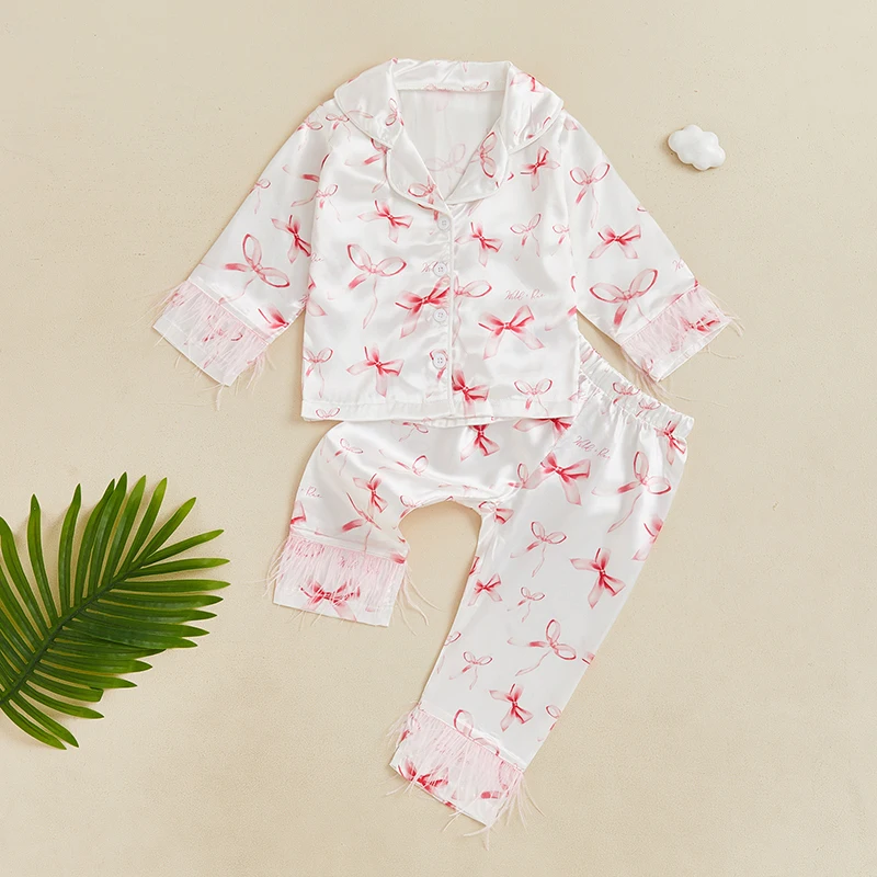 Suefunskry Little Girls Spring Autumn Pajama Set Long Sleeve Lapel Bow Print Shirt Elastic Waist Pants Sleepwear Casual Homewear