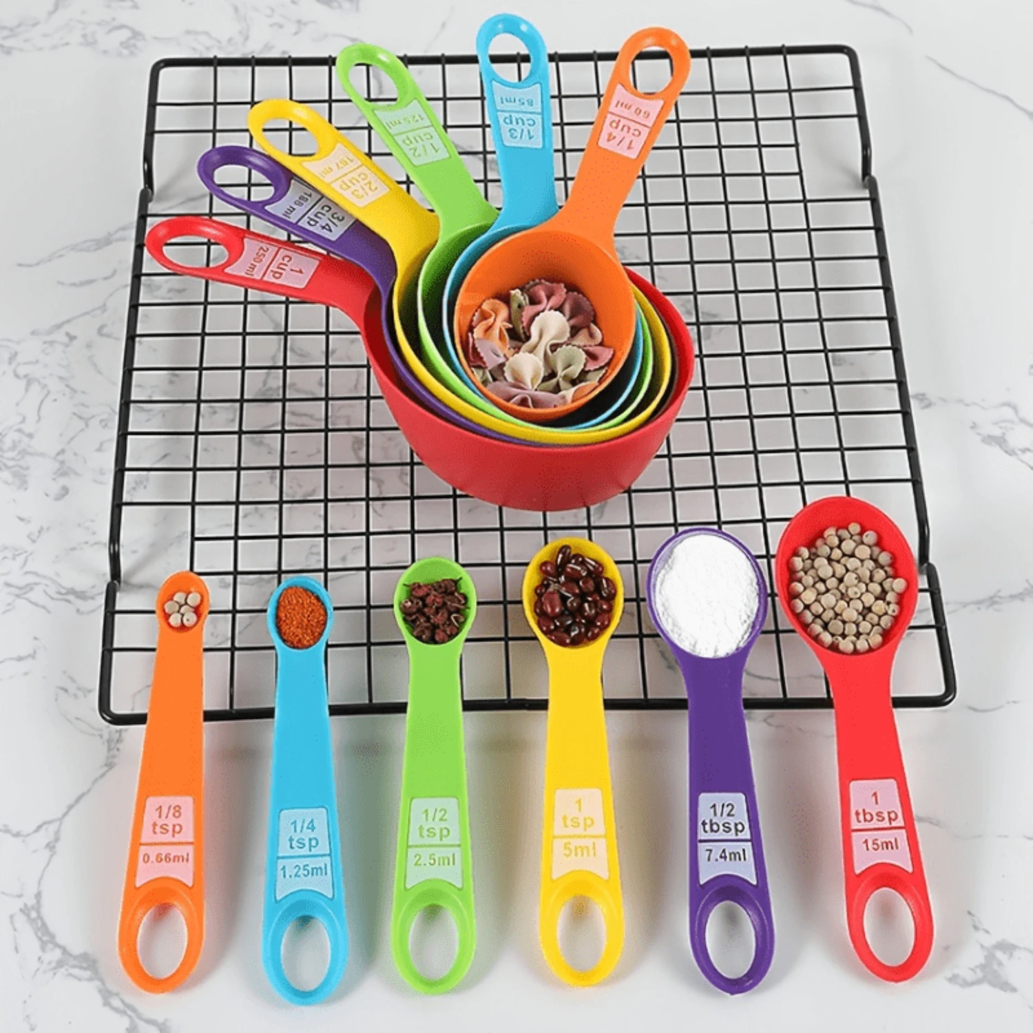 12-Piece Plastic Measuring Cup & Spoon Set - Durable, Accurate Kitchen Scales, Colorful Baking Tools for Flour, Milk Powder, Cof